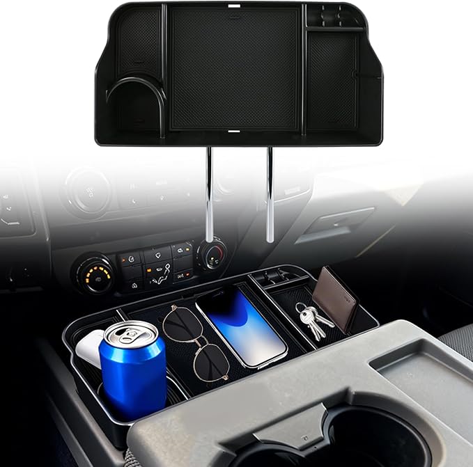 Jump Seat Front Seat Headrest Organizer for 2011-2026 Ford F150-F650 Super Duty Accessories- Truck Interior Storage Tray with Deep Cup Holder, Cable Hole, Non-Slip Silicone Mat & Coin Container