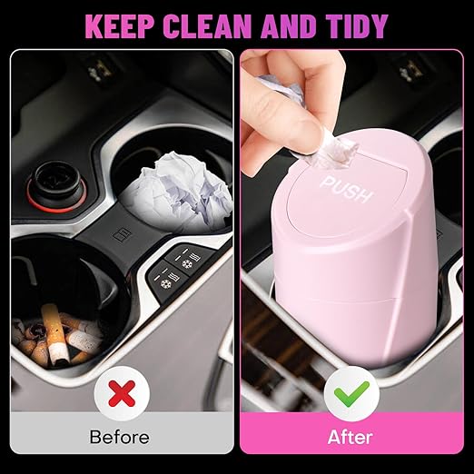 Car Trash Can Bin with Lid - Car Garbage Can Cup Holder - Pink Mini Leakproof Vehicle Garbage Bin with 20pcs Trash Bags - Automobile Organizers and Storage for Front Back Seat Accessories
