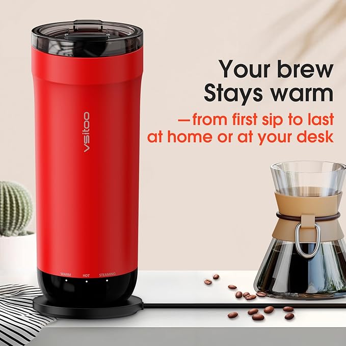 VSITOO S5 heated travel mug,16oz, Auto-Sensing AI Heats Drinks To 120-150°F Hands-Free. Temperature Control for All Cars, Perfect for Home/Office/Travel/Outdoor, Ideal Gift for Coffee Lovers - Red