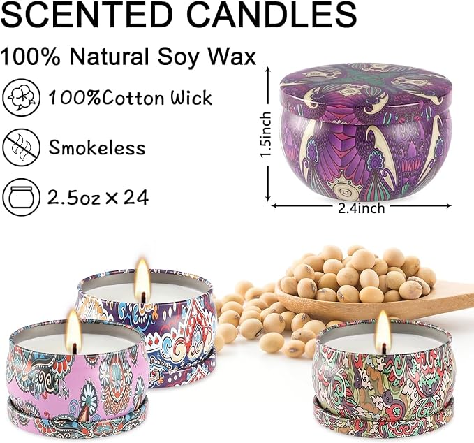 Scented Candles Gifts Set 24 Pack Soy Wax Travel Tin Jar Candles for Home 2.5 OZ jar Candles for Mom for Christmas, Birthday, Thanksgiving, Mother's Day