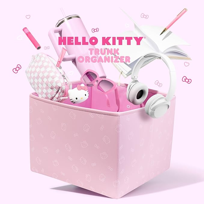 Sanrio Hello Kitty Car Trunk Organizer and Storage Bin - Collapsible Simple Compartment Convenient Heavy Duty, Fold Up for Easy Storage Box, Automotive Seat Cargo Groceries Tools - 12.5L x 12.5W x 9H