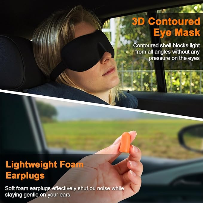 Travel Pillow - Hooded Neck Pillow Airplane Memory Foam Filling for Plane, Office, Cars Sleeping, Road Trip, Long Flights, Portable Plane Accessories, Includes Eye Mask & Earplugs (Full Blue)