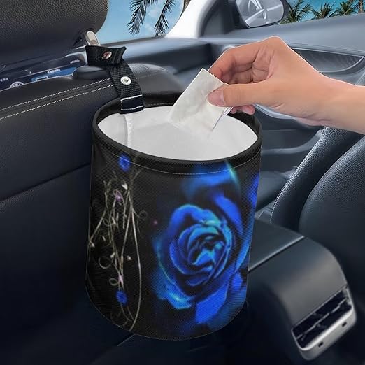 Blue Rose Flower Cute Car Trash Bag, Hanging Car Organizer and Storage Bag, Trash Bin for Car Accessories, Vehicle, Travelling, Camping