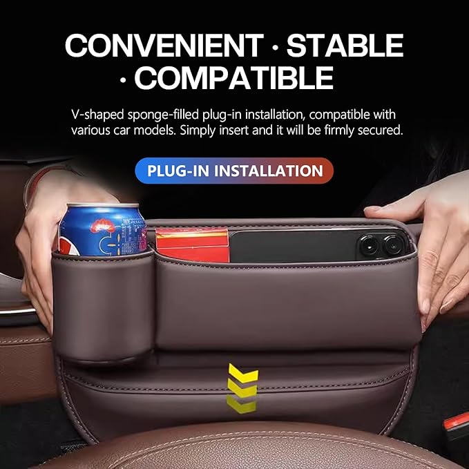 Car Leather Cup Holder Gap Bag, Car Seat Gap Filler Organizer with Water Cup Holder and Phone Charging Hole (Wine, Passenger Side)
