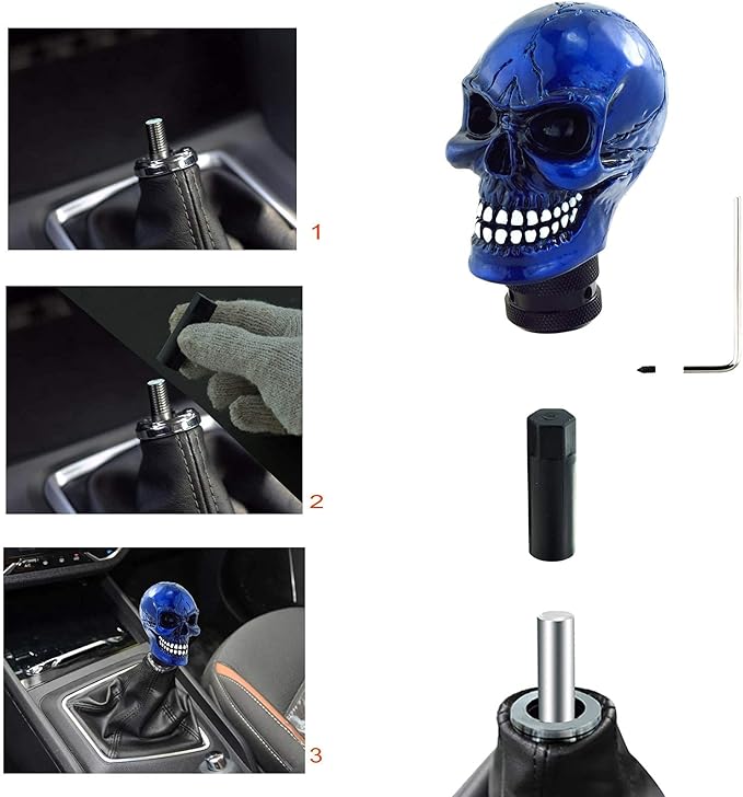 Lunsom Skull Gear Shift Head Resin Shifter Knob Car Transmission Shifting Stick Handle Fit Most Automatic Manual Vehicle (Navy Blue)