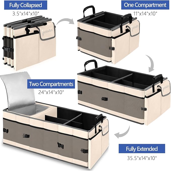 Trunk Organizer with Built-in Insulated Leak Proof Cooler Bag,Collapsible Cargo Organizer for SUV with Non Slip Bottom Strips,3 Large Compartments Foldable Waterproof Portable Car Storage Box