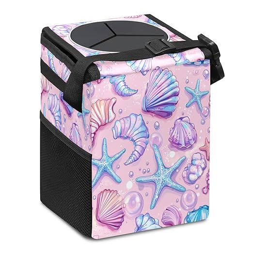 Car Trash Can with Lid, Small Portable Hanging Automotive Garbage Bin for Vehicles, Leakproof Waste Bag Container for SUV Truck Van Interior Auto Travel Road Trips(Starfish)