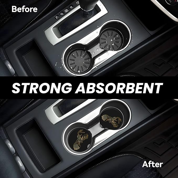 Car Coasters for Cup Holders, 2 Pack Absorbent Ceramic Anti Slip Universal Car Interior Accessories 2.56 Inch Cup Coaster for Women Men - Camo Deer