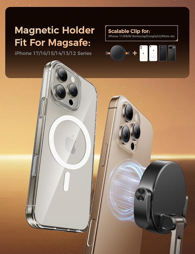 MAGIC JOHN for MagSafe Car Mount [20 N55 Magnets & Clip Arm] 360° Adjustable Magnetic Phone Holder for Car Phone Holder Mount Holders Cell Phone Holders for Your Car Accessories for iPhone 17 Promax ﻿