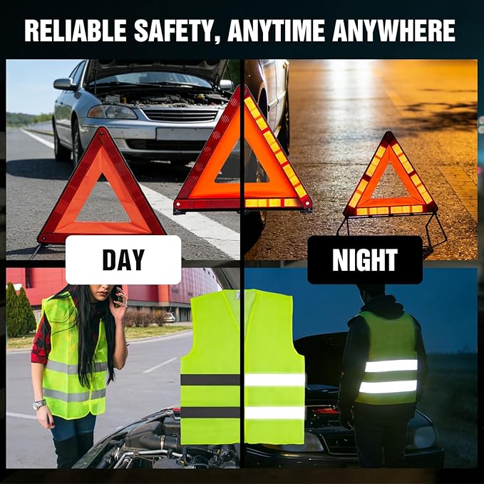XOOL Emergency Warning Triangle Kit – Roadside Safety Kit with Reflective Warning Triangles, High-Visibility Safety Vests, Storage Bag & Gloves for Car Breakdowns & Emergencies