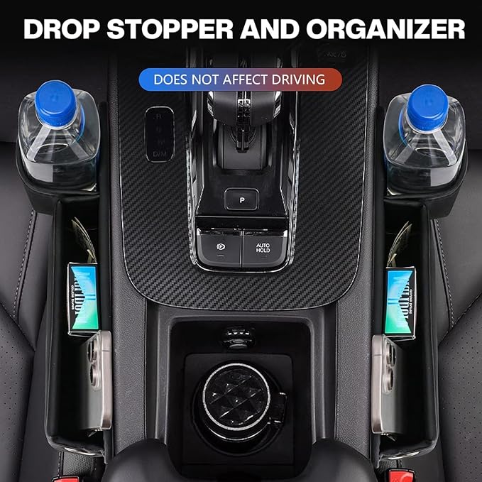 Car Leather Cup Holder Gap Bag, Car Seat Gap Filler Organizer with Water Cup Holder and Phone Charging Hole (White, Driver Side)