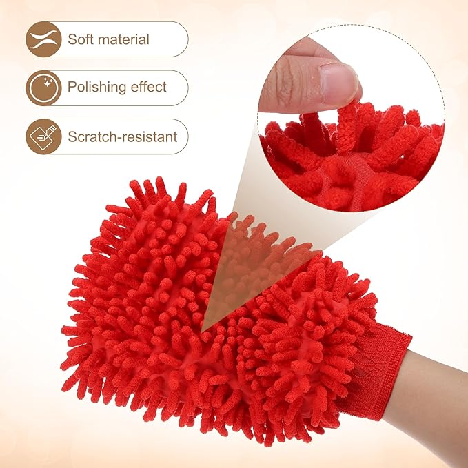 HARFINGTON 2pcs Premium Chenille Microfiber Car Wash Mitts 9.8" x 7.9" Scratch Free Wash Gloves Absorbent Double Sided Plush Cleaning Drying Mitts for Car Washing Home Red