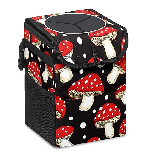 Car Trash Can with Lid & Multiple Pockets,Foldable Vehicle Garbage Bin Waterproof & Leak Proof Automotive Garbage Cans Car Accessories for Women Men Road Trip Essentials Mushrooms