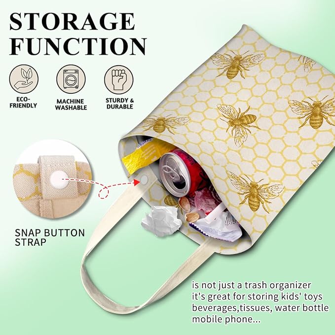 Car Trash Can, Cute Car Trash Bag, Hanging Car Organizer and Storage Bag, Trash Bin for Car Accessories, Vehicle, Travelling, Camping Cute Yellow Bees Honey