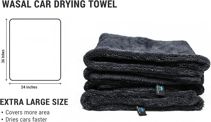 Wasal Car Drying Towel - 24" x 36" XL, Popular Pick Among Detailing Pro- 1300 GSM Microfiber Edgeless Twisted Loop Design - 70/30 Blend, Extra Large,Super-Fast Drying, Streak Free