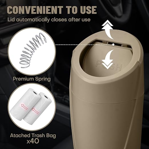 Car Trash Can Bin with Lid - 2 Packs Car Garbage Can Cup Holder - Beige Mini Leakproof Vehicle Garbage Bin with 40pcs Trash Bags-Automobile Organizers and Storage for Front Back Seat Accessories