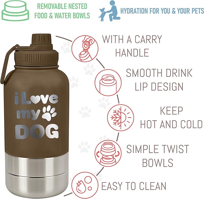TEEAMORE I love My Water Tumbler with Bowls Personalized Stainless Steel Travel Bottle Brown