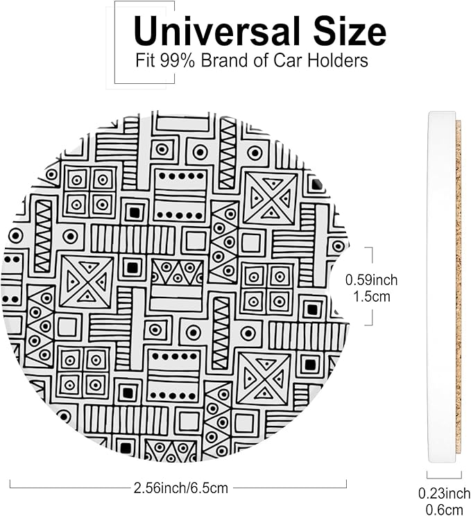 Black White Tribal Striped Ceramic Car Coaster for Cup Holders - 2.56 Inch Anti-Slip Cork Base - 2Pcs Auto Accessories for Women Men