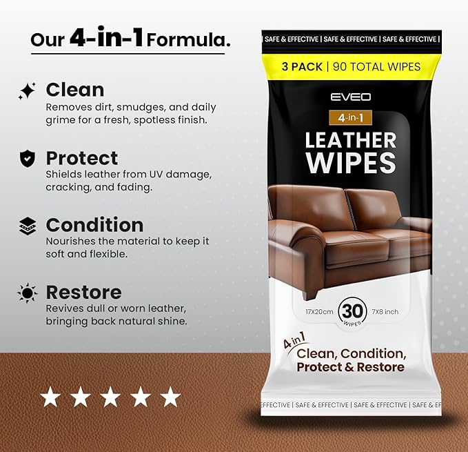 EVEO Leather Cleaner Wipes 4-in-1 Leather Cleaner and Conditioner for Furniture, Car Interior, Couch, Shoes & Purses – UV Protection, XL Moistened Cleaning Wipes Restore & Protect – 3 Pack (90 Total)