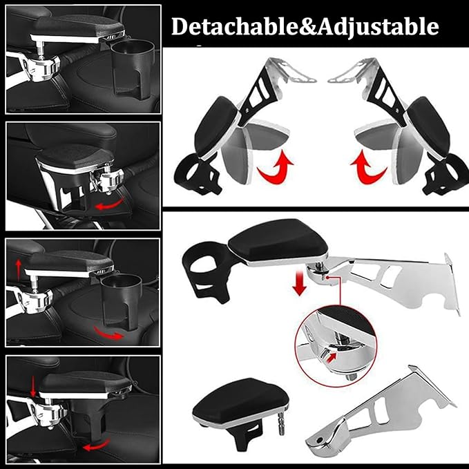Motorcycle Passenger Armrests Adjustable with Cup Holder for Harley Touring Electra Glides Road Glide Ultra Tri Glide 2014-2024 Motorbike Accessories Parts Black