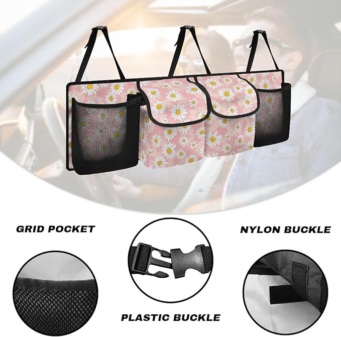 CLOHOMIN Daisy Car Trunk Organizer for Sedan Truck SUV Pink Auto Trunk Mesh Storage Easy to Install Car Rear Seat Hanging Storage Bag Auto Accessories