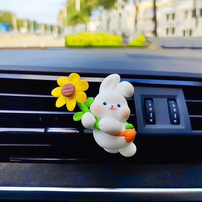 Cute Car Air Freshener for Women/Men, Pilot Car Vent Clips Creative Automotive Fragrance Air Diffuser, Outlet Flower Fan Automotive Decoration Interior Accessories (Flower Bunny)