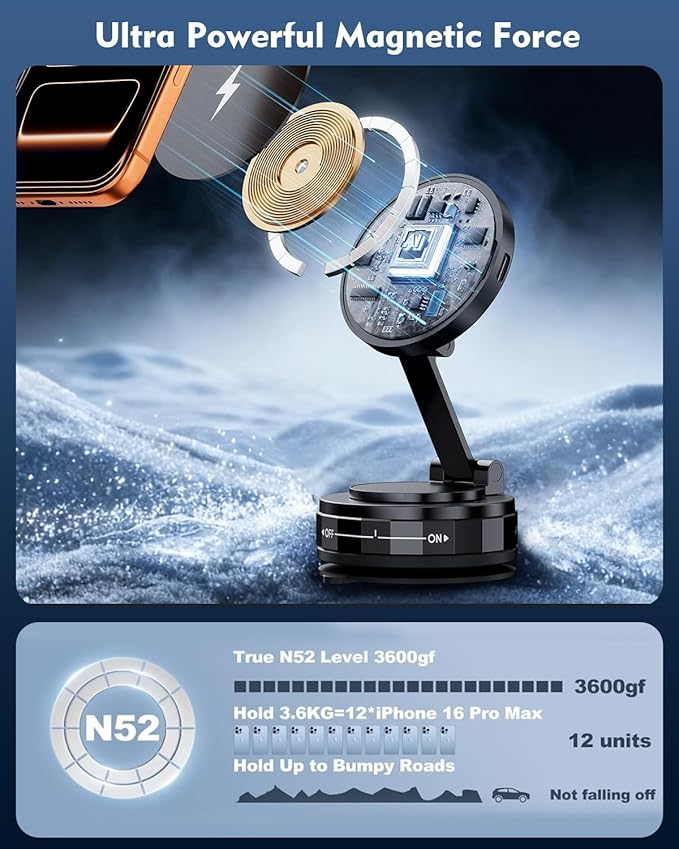 Wireless Car Charger, MagSafe Car Mount Charger [15W Magnetic Fast Wireless Charging] 360° Adjustable Phone Holder Compatible with iPhone 17 16 15 14 13 12 11 X/XS, Samsung S23 Ultra S22 S21 S20/S10+