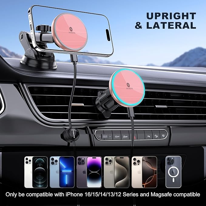 MOKPR for Mag-Safe Car Mount Charger, Magnetic Phone Holder for Your Car Charger Dash Windshield Vent Magnetic Wireless Car Charger Mount for iPhone 17 16 15 14 13 12 Pink