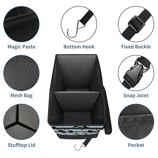 Car Trash Can with Lid, Portable Hanging Automotive Garbage Bin for Vehicles, Leakproof Waste Bag Container for SUV Truck Van Interior Auto Travel Road Trips(Panda)