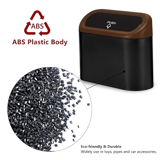 Ginsco Mini Car Trash Can with Lid, Small Car Garbage Can, Cute Leakproof ABS Car Trash Bin, Car Accessories for Interior, Garbage Bin for Car, Home, Office with 60pcs Trash Bags Black/Brown
