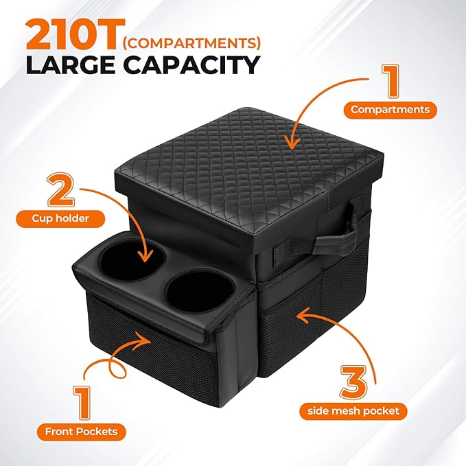 Autorder Car Seat Organizer with 2 Cup Holders - Foldable Universal Rear Bench Seat Console, 21 Qt Large Seat Organizer and Storage, Car Seat Back Storage Box (Black)