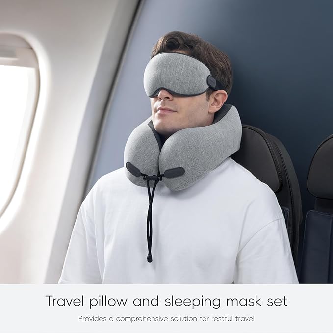 Neck Pillow for Travel Memory Foam Design Models Pillows with Zero Eye Pressure 3D Eye Mask and Compact Bag Traveling Essentials Plane Car Flight Rest Sleeping Use Adult, Light Gray