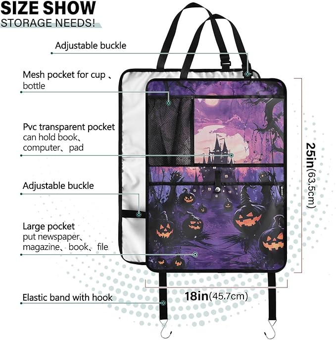 Purple Halloween Bat Pumpkin 1 Pack Backseat Car Organizer with Storage Pockets Seat Back Organizers for Kids Kick Mats Backseat Protector Automotive