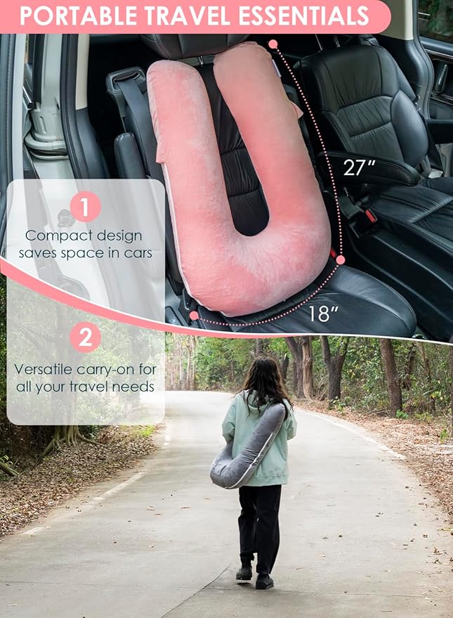 QUEEN ROSE Car Travel Pillow for Sleeping, Adjustable Head Support for Adults & Kids, Breathable Soft Neck Cushion for Road Trips, Machine Washable Cover, Pink