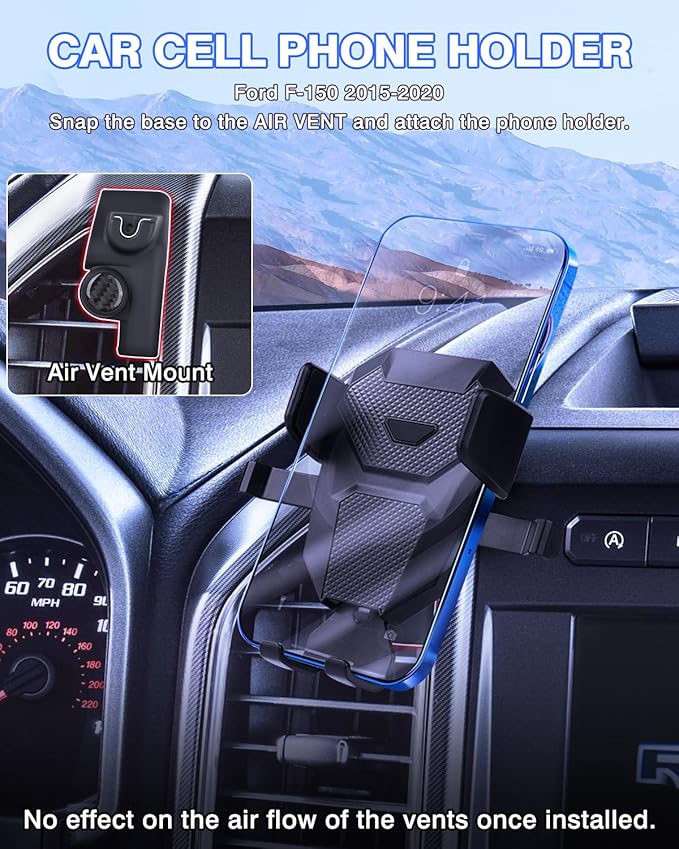 Karltys F150 Car Phone Holder for 2015-2020 Ford F-150 Accessories, Cell Phone Holder Air Vent Phone Mount for F-150, Never Blocking Hands Free Thick Case Friendly Holder for 4-7 Inch Phones