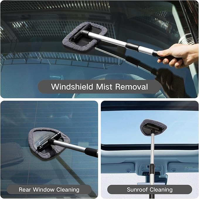 10pcs Windshield Cleaner Tool, Car Window Cleaning Wash Kit with 4 Reusable Microfiber Pads 1 Spray Bottle and Extendable Handle Auto Glass Wiper Kit, Gray