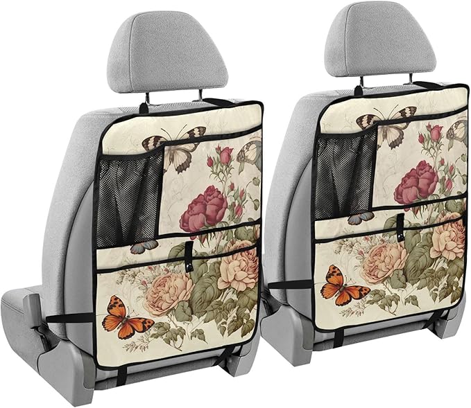 2 Pack Backseat Car Organizer with Storage Pockets Seat Back Organizers for Kids Kick Mats Backseat Protector Automotive Rose Painting