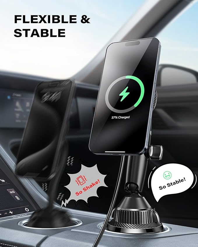 APPS2Car Upgraded for QI2 Magsafe Cup Holder Charger, Car Mount Charger 15W Fast Charging, Wireless Magnetic Cell Phone Stand with Tri-Pivot Arm for iPhone 17 Air Pro Max Plus 16 15 14 13 12
