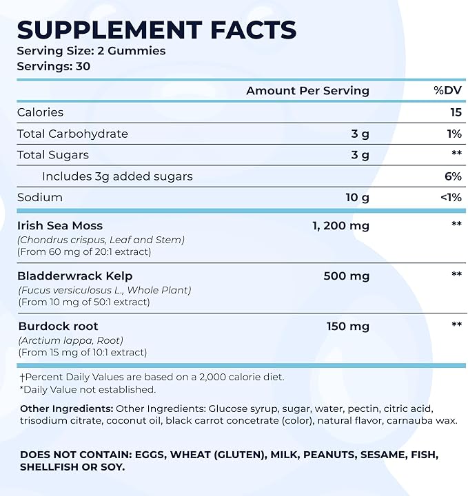 TrueSeaMoss Irish Sea Moss Gummies with Burdock Root & Bladderwrack – Formula for Adults & Kids – 60 Gummies