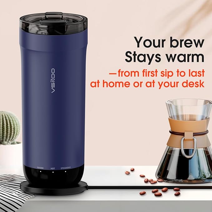 VSITOO S5 heated travel mug,16oz, Auto-Sensing AI Heats Drinks To 120-150°F Hands-Free. Temperature Control for All Cars, Perfect for Home/Office/Travel/Outdoor, Ideal Gift for Coffee Lovers - Blue