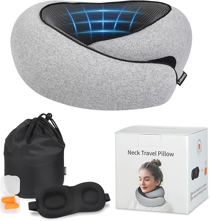 100% Memory Foam Neck Travel Pillow, Neck Pillow Airplane with Eye Mask & Ear Plugs, Ergonomic Portable Design, 360° Support Stowable Pillows Best for Travel Pillow for Plane, Car, Home, Work
