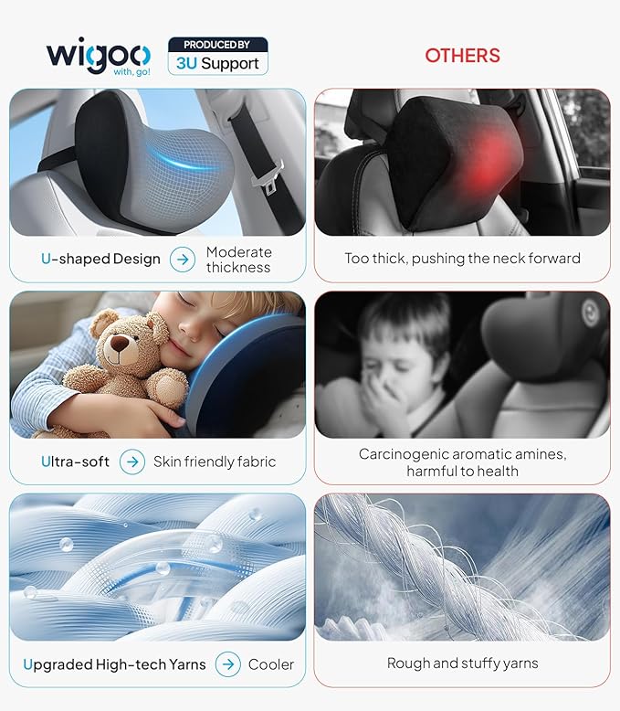 Wigoo 2026 Upgrade Car Neck Pillow [No More Pressure, Odorless] Soft Car Headrest Pillow with Adjustable Strap Removable Cover 100% Memory Foam, Fits All Vehicles (Gray 2-Pack)
