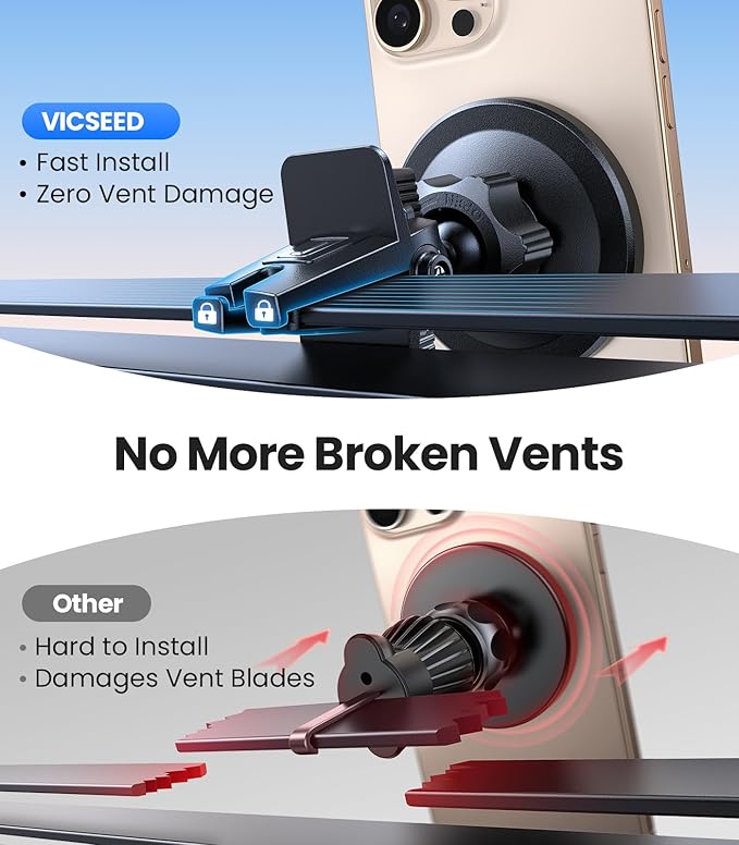 VICSEED for MagSafe Car Mount [Super Magnet Power & Vent-Safe Clip] Upgraded Steel Core Magnetic Phone Holder 360° Adjustable Hands Free Vent Mount for 17 16 15 14 13 12 Pro Max