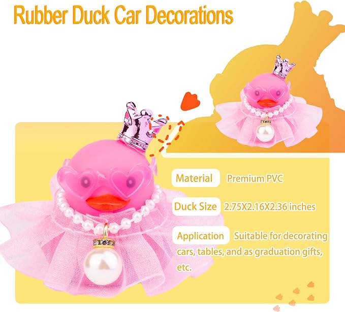 Rubber Duck Car Ornament, Whimsical Pink Heart-Shaped Dashboard Decoration with Mini Crown, Skirt, Necklace, Glasses