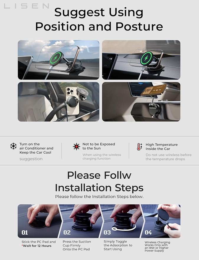 LISEN 15W Magsafe Car Mount Charger， [ SuctionPro ] 15W Wireless Car Charger, Suction Cup Phone Holder,360 Vacuum Magnetic Phone Holder for iPhone 17 Pro Max Air 17-12,Samsung S25 with MagSafe Case