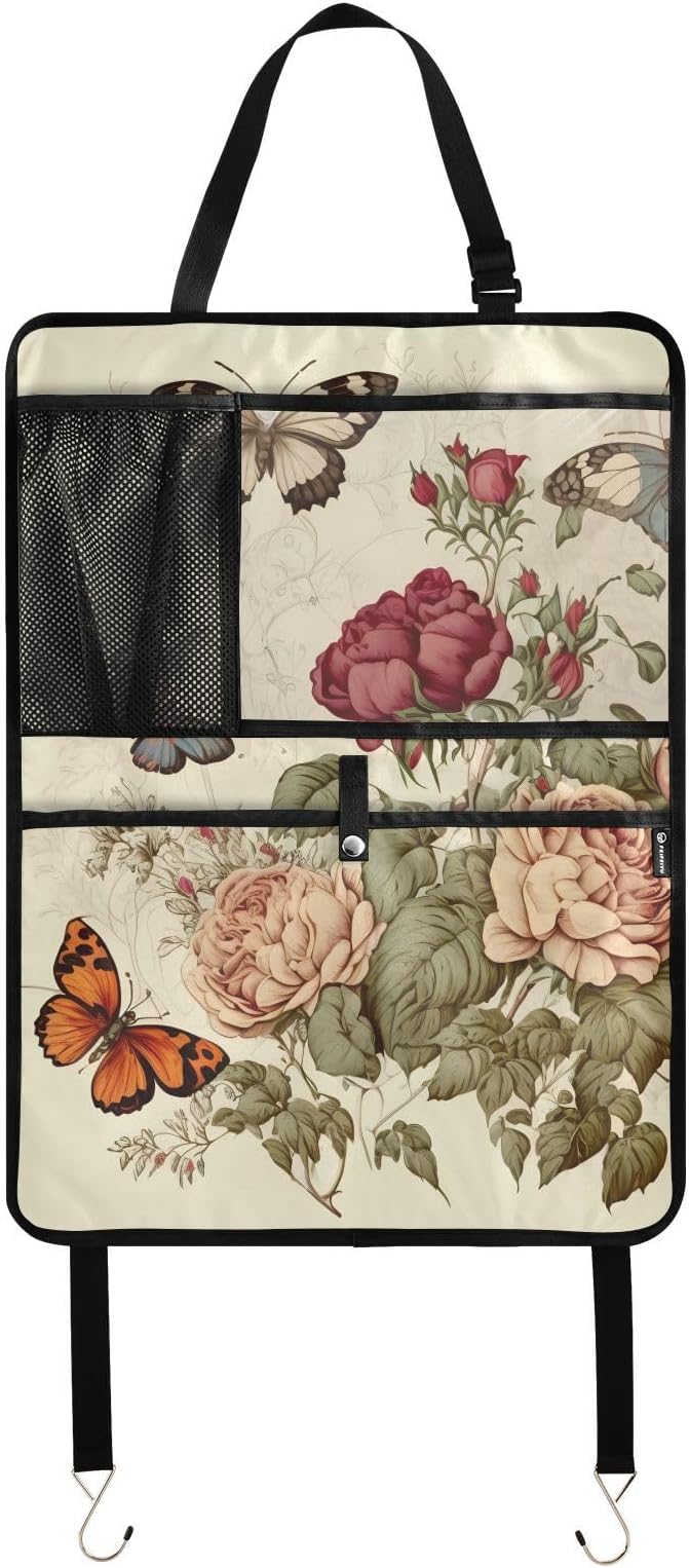 2 Pack Backseat Car Organizer with Storage Pockets Seat Back Organizers for Kids Kick Mats Backseat Protector Automotive Rose Painting