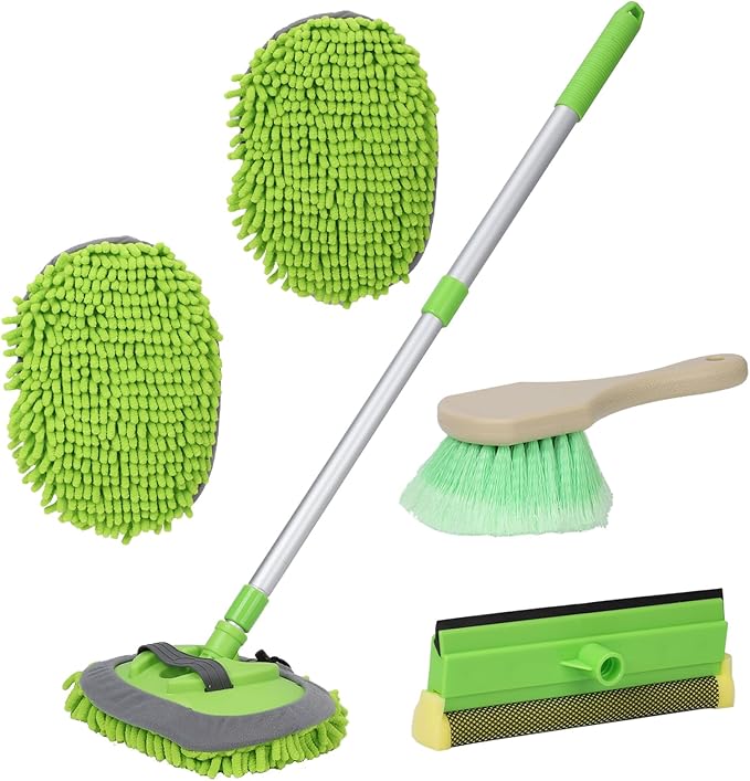 GIANT BEAR Car Wash Brush with Long Handle, 42.9" Microfiber Chenille Mitt Not Hurt Paint Scratch Free Aluminum Alloy Cleaning Tool -4 in 1,Glass Window Scrabber Detail Wheel Brush
