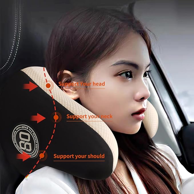 Really Helpful Car Headrest Pillow, Car Neck Pillow for Sleeping with Adjustable Strap, 100% Memory Foam & Breathable Removable Cover, Ergonomic Design - Softness Travel Car Pillow(Beige, 1PC)