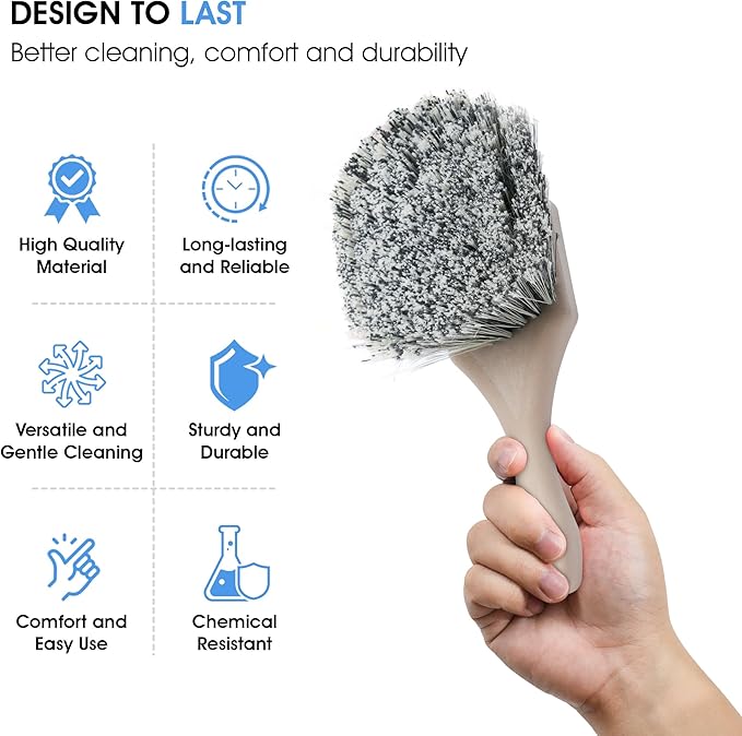 Nanoskin Professional 8.5-Inch Gentle Surface Cleaning Brush with Durable Salt & Pepper Polystyrene Bristles, Compact Short Handle, Resistant to Acids/Detergents (Pack of 12)