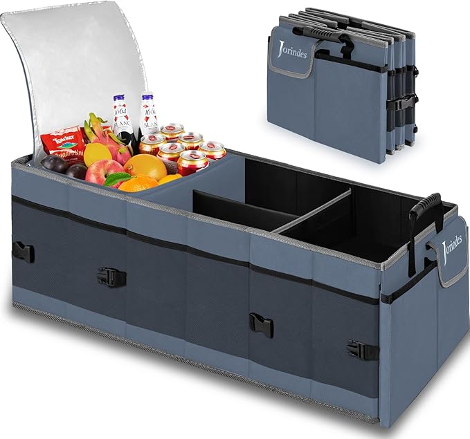 Trunk Organizer with Built-in Insulated Leak Proof Cooler Bag,Collapsible Cargo Organizer for SUV with Non Slip Bottom Strips,3 Large Compartments Foldable Waterproof Portable Car Storage Box XL